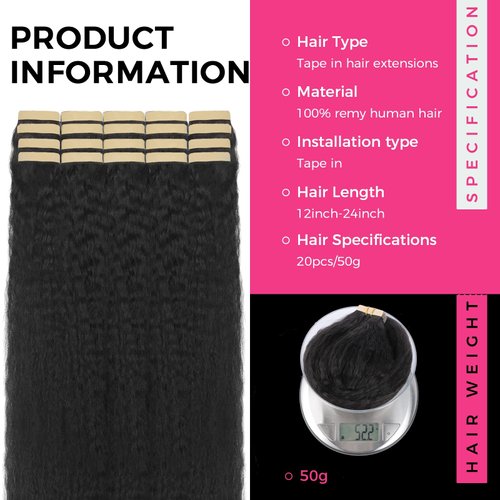 Lashey Tape in Hair Extensions Human Hair for Black Women Kinky Straight Tape in Hair Extensions Natural Black 14 Inch 50g/pack 20pcs Real Natural Human Hair for Women