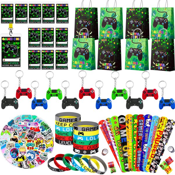Gamer Themed Guests Gifts, 110pcs Video Game Birthday Party Favors Set Including Game Slap Bracelets Keychains Bags Wristband Vip Pass Tickets etc Video Game Theme Party Favors for Boys Kids