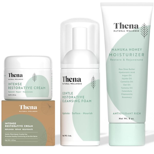Thena RESTORE Face & Body Skin Care Set Kit, Face Foam Facial Cream Manuka Honey Body Lotion Moisturizer, Repairs Nourishes Skin Barrier, Natural & Organic Anti Aging Skin Care Set Women Men