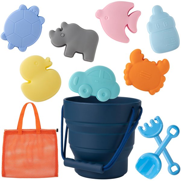 WEYOVGO Silicone Beach Toys Collapsible Beach Buckets Beach Toys for Kids, Sand Bucket and Shovels Set with Mesh Bag Sand Molds, Silicone Beach Sand Pails for Beach Travel (Blue)