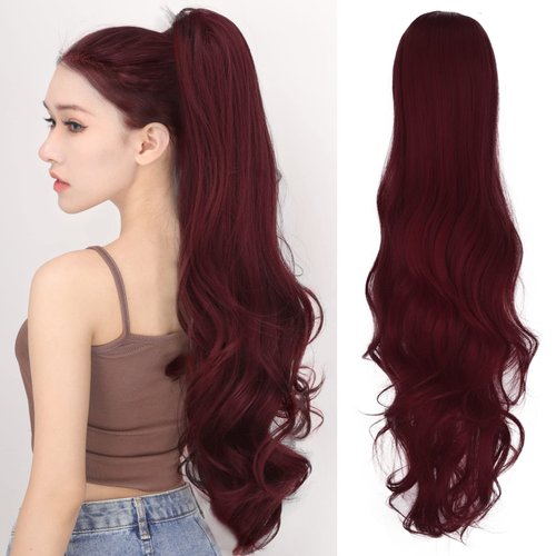 JHZSJF Red ponytail Extension Wavy Drawstring Fak Ponytails,Long Body Clip Hair Extensions Pony Tail Hair Pieces For Women Girls (28 inches, 28"-116-Claret)