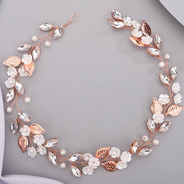 BERYUAN Flower Leaf Crystal Wedding Hair Vine for Bride Bridesmaid Pearls Beads Crystal Hair Accessories for Women and Girls ROSE GOLD