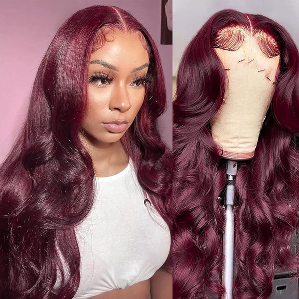 99j Burgundy Lace Front Wigs Human Hair Pre Plucked 13x6 Lace Frontal Human Hair Wigs for Black Women Body Wave Glueless Human Hair Wig 180% Density Pre Plucked Bleached Knots with Baby Hair 26 Inch