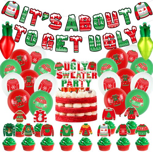 Christmas Ugly Sweater Party Decorations with It's About To Get Ugly Christmas Sweater Banner Ugly Sweater Cake Topper Ugly Sweater Balloon for Merry Grinchmas Ugly Sweater Decorations