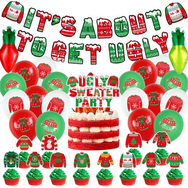 Christmas Ugly Sweater Party Decorations with It's About To Get Ugly Christmas Sweater Banner Ugly Sweater Cake Topper Ugly Sweater Balloon for Merry Grinchmas Ugly Sweater Decorations