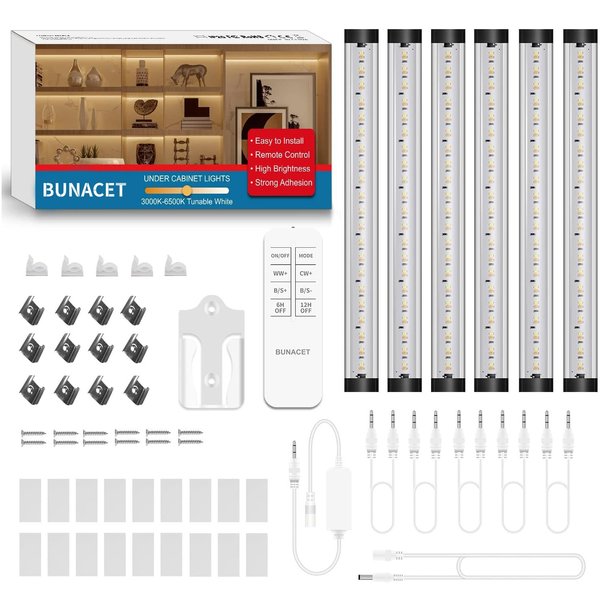 BUNACET Under Cabinet Lighting with Remote Plug in, 6PCS LED Cabinet Lights Strip Kit Dimmable Warm White LED Tape Light Bright 12V White Closet Light Under Counter Lights for Kitchen Display Case