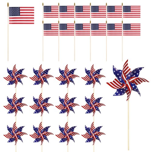 HOOSUN American Flags Patriotic Pinwheels,24 Pack Classroom American Flags Decorations Small USA Flags On Stick With Yard USA Pinwheels,Red White And Blue Decorations For Patriotic Party Supplies