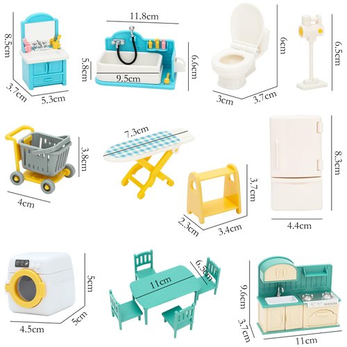 ONEST 84 Pieces Dollhouse Furniture Set Mini House Accessories with Bathroom Kitchen Dining Room Laundry Room Miniature 1:12 Furniture Accessories Model for Kids