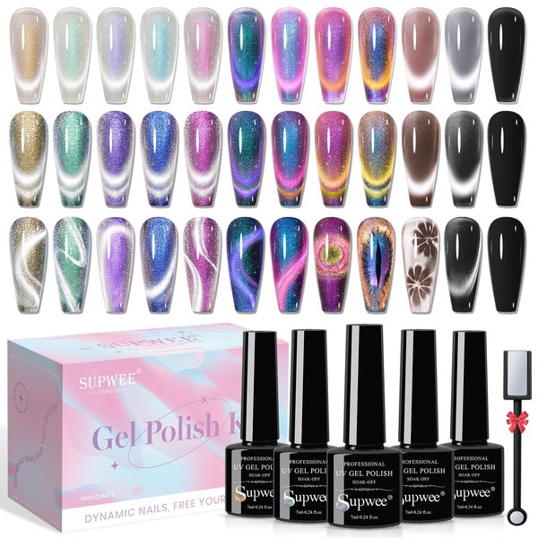 SUPWEE Magnetic Cat Eye Gel Nail Polish Set 12 Colors Cateye Gel Polish with Magnetic Stick Chameleon Cat Eye Gel Aurora Cat Eye Gel and Glass Cat Eye Gel Collection for Home DIY Manicure