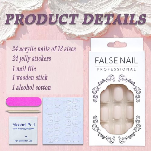 Short Square Press on Nails SWEKKE Fake Nails Solid Color Milk White Pink Full Cover False Nails with Designs Glossy False Nails with Nail Glue Artificial Acrylic Nails for Women Girls 24 Pcs