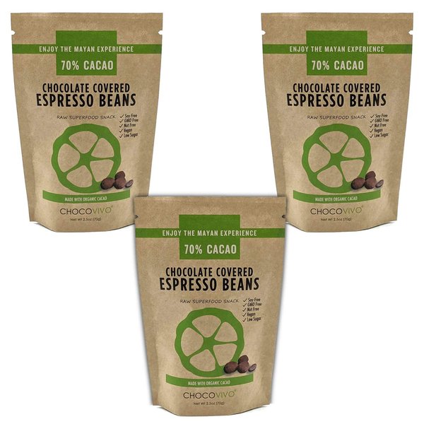 ChocoVivo Dark Chocolate Covered Coffee Beans 70% Cacao, Superfood Snack - Paleo + Keto Friendly, 2.5 Ounces Each - 3pack