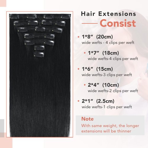 Ukira Clip in Hair Extensions Real Human Hair, Jet Black Hair Extensions Clip in Human Hair 16 Inch 120g, Natural Straight Seamless Remy Human Hair Extensions Clip ins for Black Women