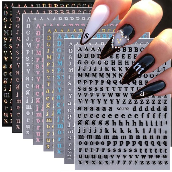 8 Sheets Letter Nail Stickers Gold Silver English Alphabet Nail Art Stickers 3D Self-Adhesive Alphabet Nail Design White Black Laser Personalized Letter for Women Girls DIY Nail Decoration