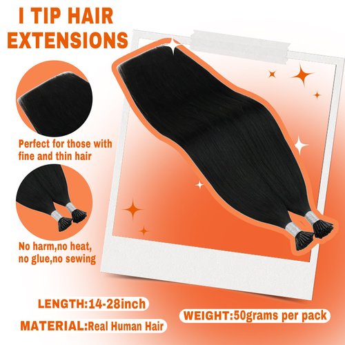 Sunny I Tip Hair Extensions 50S I Tips Real Hair Extension Pre Bonded Itips Human Hair Extensions Black Itip Remy Hair Extensions Black Hair Extensions 50G 22Inch
