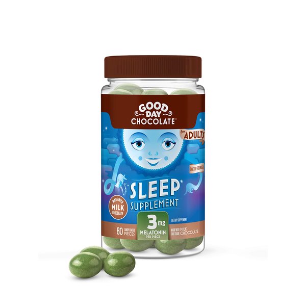 Good Day Chocolate Melatonin for Adults [ 80 Count ] - Fair Trade Non-GMO Milk Chocolate with Chamomile and Melatonin 3 mg - Adult Melatonin, Adult Natural Sleep Aid Supplement