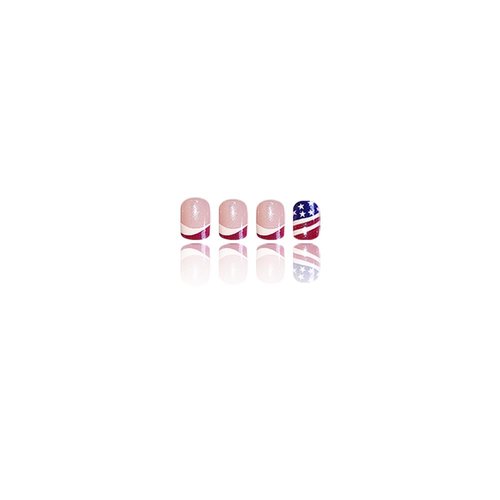 4th of July Press on Nails French Fake Nails Short Square False Nails Red Blue White Acrylic Nails with USA Flag & Red Glitter Design Stick on Nails for Women Girls 4th of July Parade Manicure
