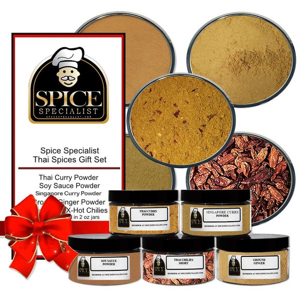 Thai Spices Gift Set - Contains: 5 Assorted Plastic Jars 1 each of: Thai Curry, Powder Ground Ginger, Soy Sauce Powder, Singapore Curry Powder (Japanese), Thai Short X-Hot Chilies)