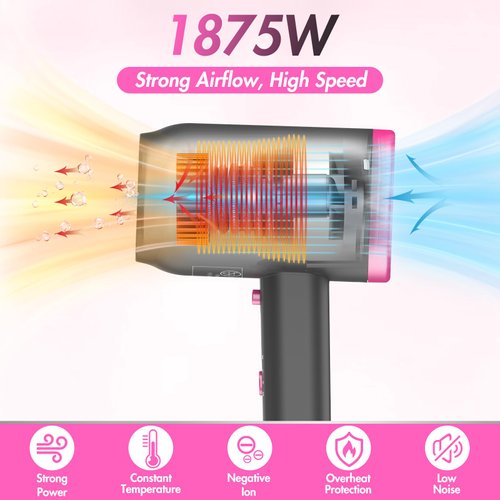 ANIEKIN Hair Dryer, 1875W Ionic Blow Dryer with Diffuser and Concentrator for Women Curly Hair Fast Drying as Constant Temperature, Portable Hair Dryer for Travel, Light Grey