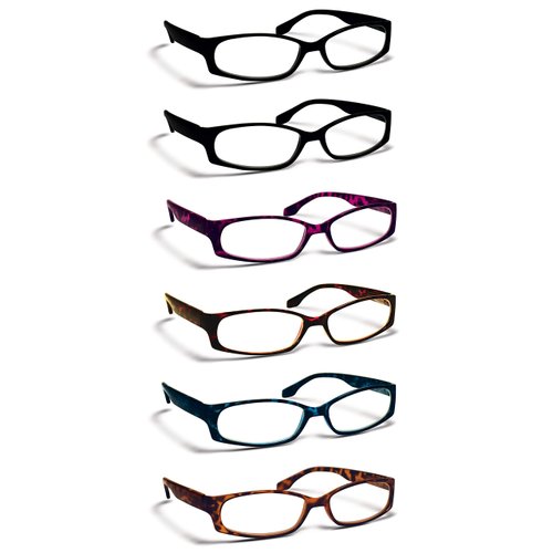 Boost Eyewear 6 Pack Reading Glasses, Womens Fashion Frames (Solid Black, and Blue, Red, Purple, Natural Tortoise Shell Patterns), Spring Loaded Hinges, Assorted, 6 Pairs (+1.75)