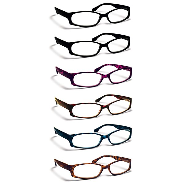 Boost Eyewear 6 Pack Reading Glasses, Womens Fashion Frames (Solid Black, and Blue, Red, Purple, Natural Tortoise Shell Patterns), Spring Loaded Hinges, Assorted, 6 Pairs (+1.75)
