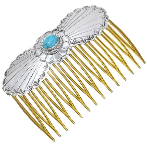 Navajo Turquoise Sterling Hair Comb Hammered Silver Barrette 0058