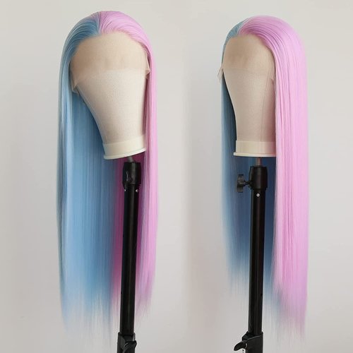 melody wig Synthetic Half Pink Half Blue Lace Front Wigs Long Silky Straight Wig Heat Resistant Fiber Synthetic Half Wigs Middle Part Replacement Wig
