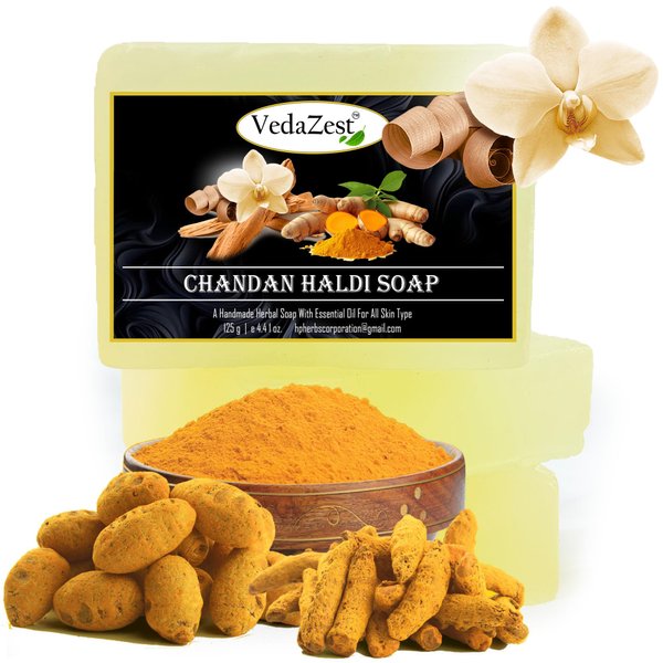 Vedazest Chandan Haldi Handmade Soap Bar, 125g each, Sandalwood Turmeric Herbal Bathing Bar for Healthy Skin, Natural Soap with Essential Oils for All Skin Types, Set of 3