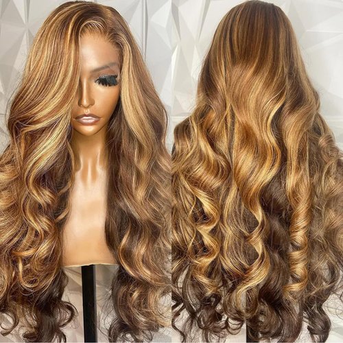 𝐒𝐔𝐍𝐓𝐔 13x6 Ombre Highlight Lace Front Wig 4/27 Body Wave Human Hair Wigs SKINLIKE Invisible Ultra-thin HD Transparent Lace Frontal Wigs Pre Plucked with Baby Hair 180% Density Wig(26 Inch)