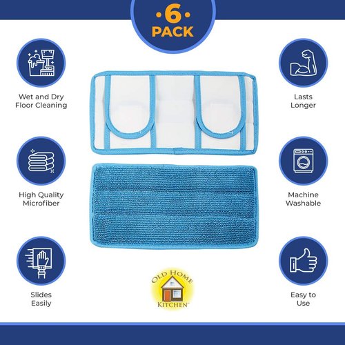 Microfiber Reusable Mop Pad | Durable Machine Washable Mop Pads | Reusable Floor Mop Pad | Swiffer Compatible Dry Mop Pads (6 Pack)