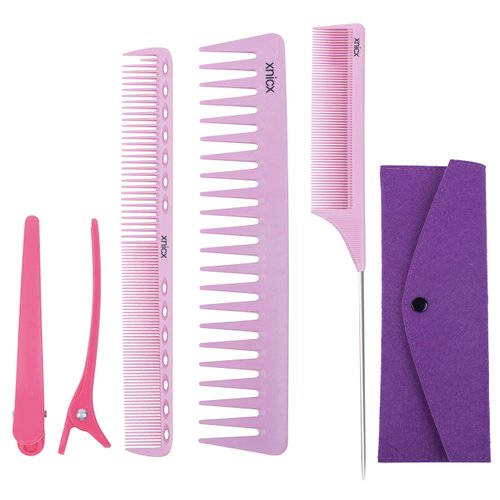xnicx 6pcs Pink Professional Hair Comb Set,Hair Cutting Positioning Comb Wide Tooth Comb Rat Tail Combs Set for Women and Men,Premium Carbon Fiber Hair Barber Combs for Parting Teasing and Styling
