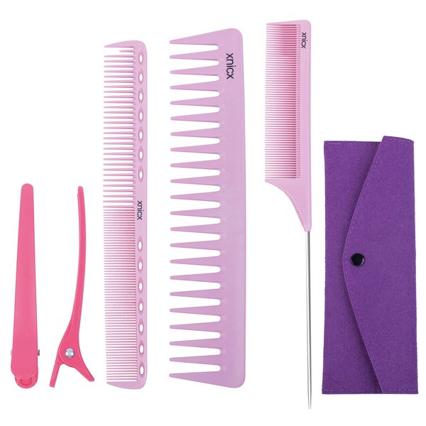 xnicx 6pcs Pink Professional Hair Comb Set,Hair Cutting Positioning Comb Wide Tooth Comb Rat Tail Combs Set for Women and Men,Premium Carbon Fiber Hair Barber Combs for Parting Teasing and Styling
