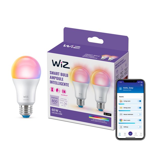 WiZ Connected 60W A19 LED Smart Light Bulbs - Connects to Your Wi-Fi - E26 Smart Bulb - Control with Voice or App + Activate with Motion - Matter Compatible - 2 Pack