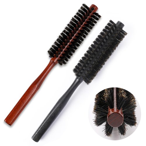 Small Rond Hair Brush, 2 Pack Natural Boar Bristle Hairbrush Mini Travel Brush with Wood Handle Portable Circle Vent Brush for Women Bangs, Thin Hair, Short Hair, Wet Hair, Restore Hair Shine
