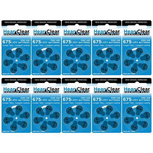 Hear Clear Size 675 PR44 Hearing Aid Batteries Blue Tab (60 Batteries) + Battery Holder Keychain