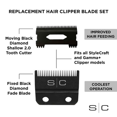 StyleCraft Replacement Double Black Diamond Carbon DLC Fixed Fade Blade with Shallow Tooth Cutter 2.0 Clipper Blade Set