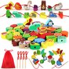 Loppdece 42 PCS Wooden Animals Fruits Vegetables String Threading Beads, Montessori Toddler Preschool Activities Lacing Toys, Include 42Wooden Lacing Beads 4String Ropes for Toddlers 3 4 5 6 Year Old