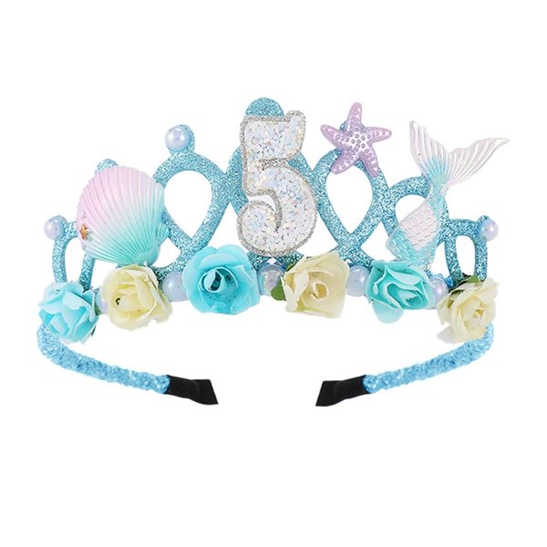 5th Birthday Crown for Girls, 5th Birthday Headband for Girls, 5th Birthday Tiara for Girls 5th Birthday Decoration for Girls Happy Birthday Tiara Crown with Mermaid for Girls 5 Year Old Disposable