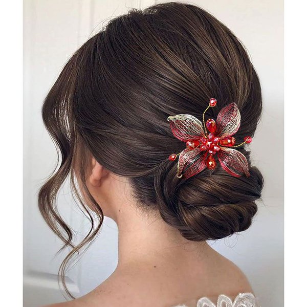 Campsis Flower Wedding Hair Pins Red Crystals Hair Piece for Bride Rhinestones Bridal Hair Accessories Wedding Prom Gift Party for Women