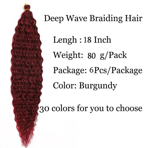 Ocean Wave Crochet Hair 18" 6 Packs Curly Deep Wave braiding hair Extensions Long Water Wave Twist Crochet Braids Hair for Women Synthetic Braid Hair(18 inch, Burgundy)