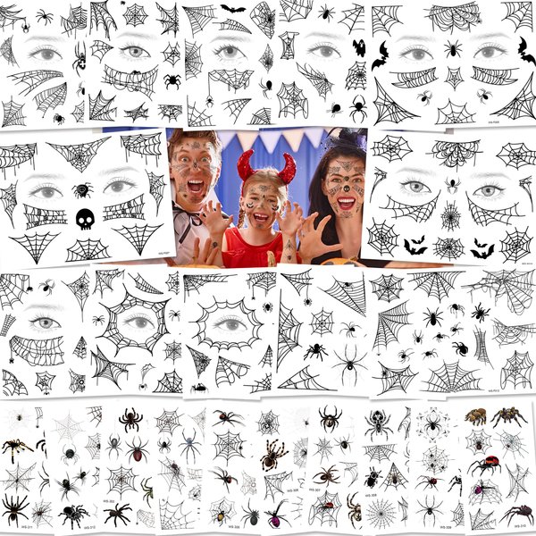 TATUWST Halloween Spider Face Temporary Tattoos -22 Sheets Shoulder Back Body Art Spider Sticker for Witch Halloween Costume Cosplay Theme Party Women Girls Favors Theme Party Favors Supplies