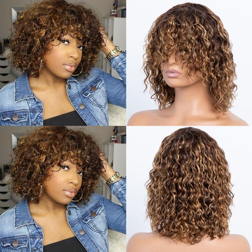 LYOLKSER hair human wigs short water wave wig with bangs 100% brazilian virgin human hair no lace front wigs brown highlight 4/27 wet and wavy human wig glueless wig 12 inch