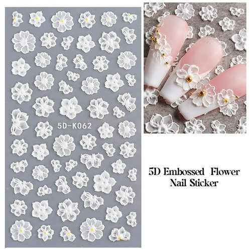 White Flower Nail Art Sticker Decals 5D Self-Adhesive Luxurious Nail Art Decoration Exquisite Pattern Nail Art Supplies White Feather Lace Flower Leaf Carving Design DIY Acrylic Nail Art, 3 Sheet