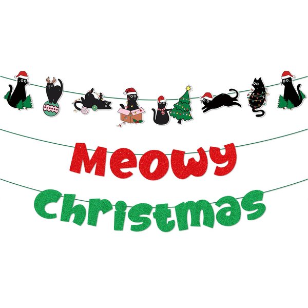 Pre-Strung Meowy Christmas Banner Cat Themed Christmas Party Banner Decorations for Wall Fireplace Party Decor Supplies