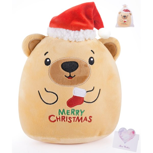 LeYoHa Christmas Plush Bear Stuffed Animals - Teddy Bear Plush Toys with Santa Hat Gift, Kids' Pillow Cushion, Gifts for Holiday Kids, Light Brown, 8 Inch