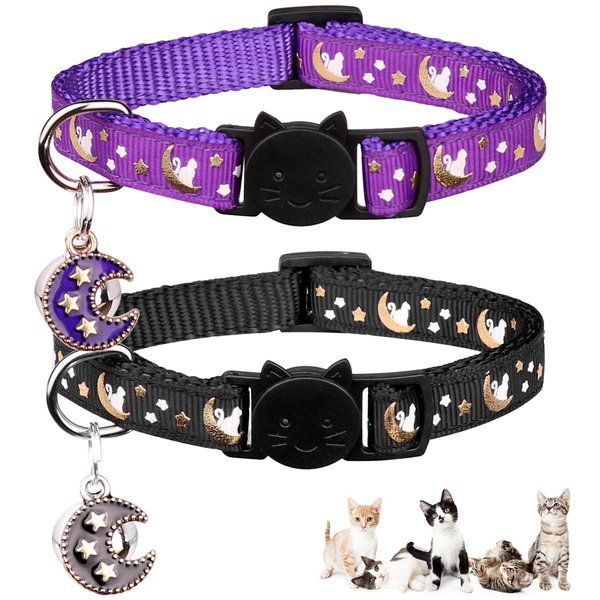 2Pcs Breakaway Cats Collars Cat Collars for Boy & Girl Cats Moons Adjustable Kitten Collars with Bell & Pendant Glow in The Dark,Purple+Black