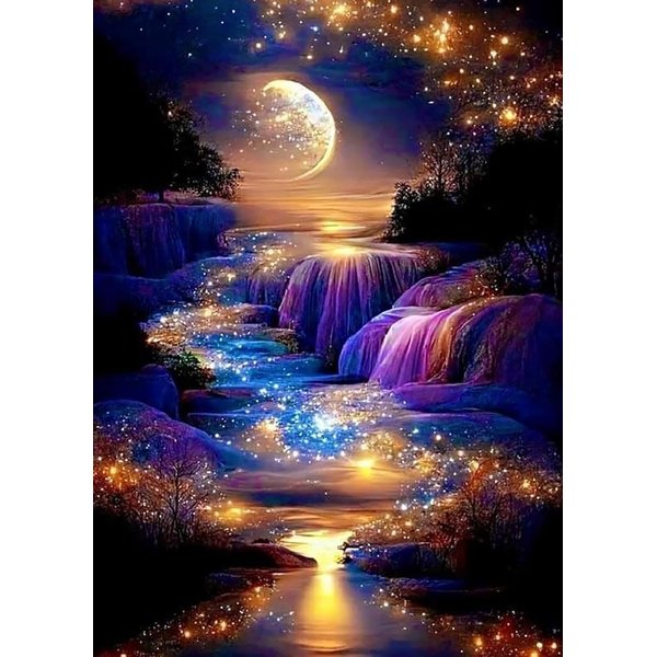 KINPLUB 5D Diamond Painting Kits for Adults, Moon Waterfall Diamond Art Kits for Beginners, DIY Full Round Drill Moonlight Landscape Paint with Diamond Dots, Home Wall Decor 12 x 16 Inch