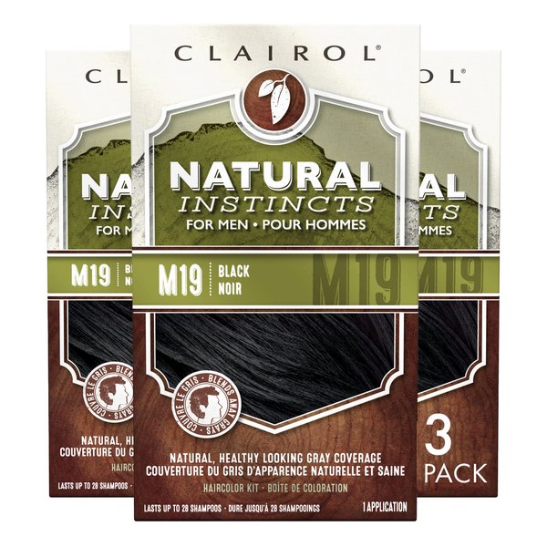 Clairol Natural Instincts Semi-Permanent Hair Dye for Men, M19 Black Hair Color, Pack of 3