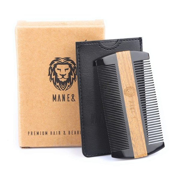 Premium Natural Ox horn and Sandalwood Dual-Action Beard Comb with Black Protective Case – the Perfect Beard & Mustache Grooming Companion & Gift for Men – by Man & Mane