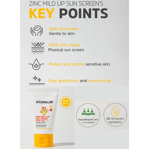 ATOPALM Zinc Mild Up Sun Cream SPF50+ PA++++ 65g, Dry Skin Moisturizing MLE Sun Protection, Korean Mineral Sunscreen