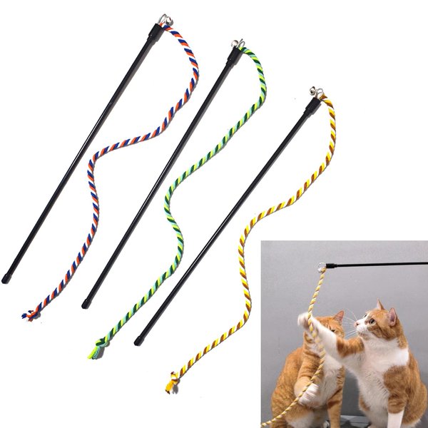 IUHKBH Cat Wands, 3 PCS Colorful Rope Cat Toys Interactive Cat Teaser Wands with Bell for All Breed Sizes